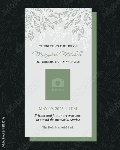 Funeral flyer template with green abstract flowers on a white background