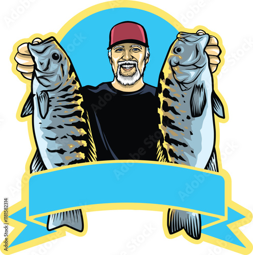 Sticker or logo for angler, man holding 2 fish. Also suitable for t-shirt design