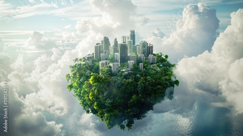 A small urbanized island wrapped in lush vegetation, framed by dramatic clouds in the sky