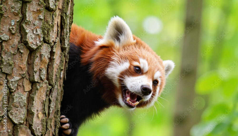 Fototapeta premium Curious red panda climbing tree in lush forest, wildlife exploration