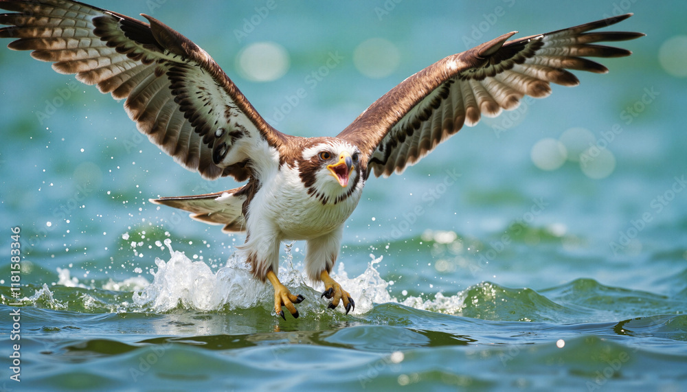 Fototapeta premium Majestic osprey hunting over clear lake, dynamic nature capture