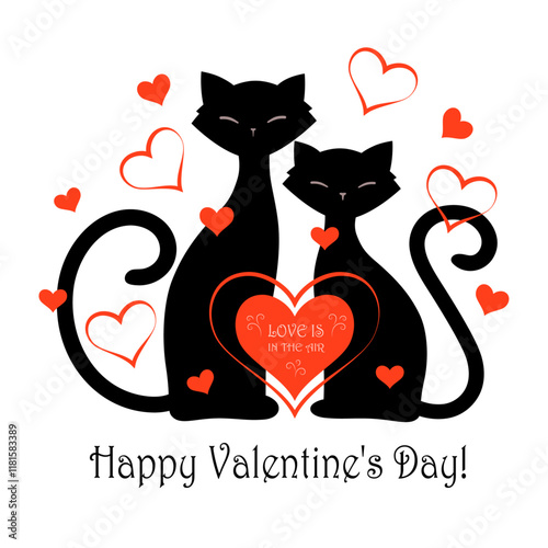 Valentine's Day card with couple cats and hearts vector illustration, decorative elements.
