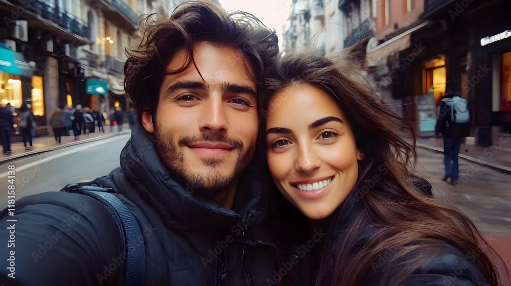 Couple Takes Selfie Downtown Joyfully During Travel Adventure Couple Takes Selfie Downtown Joyfully During Travel Adventure