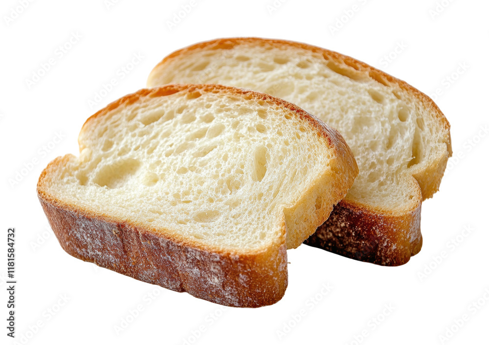 Two slices of soft white bread with golden crust, freshly baked loaf texture, delicious food for sandwiches or toasts isolated on transparent background Two slices of soft white bread with golden crust, freshly baked loaf texture, delicious food for sandwiches or toasts isolated on transparent background