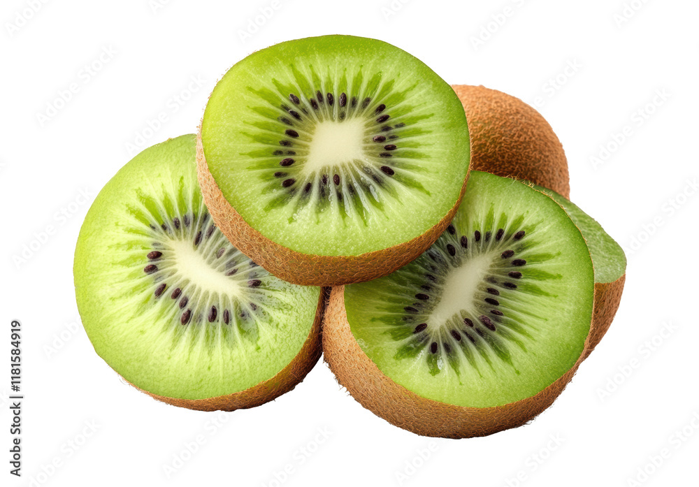Fresh kiwi slices with vibrant green color and seeds, isolated on transparent background, tropical fruit, healthy snack, juicy, natural sweetness, exotic ingredient, diet food Fresh kiwi slices with vibrant green color and seeds, isolated on transparent background, tropical fruit, healthy snack, juicy, natural sweetness, exotic ingredient, diet food