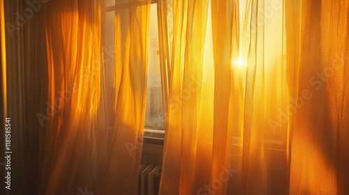 Golden Hour Sunlight Filtering Through Sheer Curtains, Casting Warm Light and Shadows.