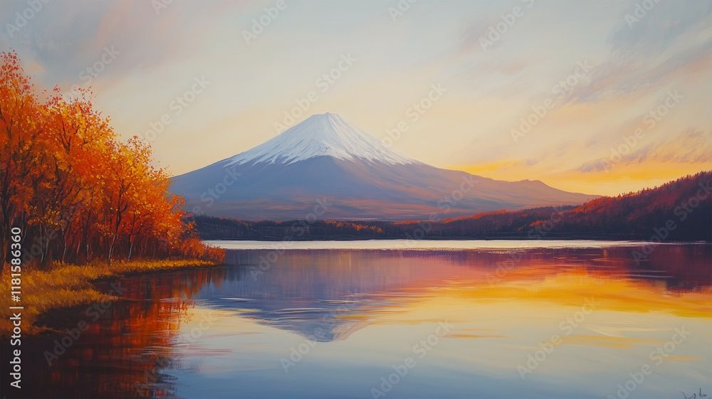 秋の富士山と紅葉に彩られた湖畔が夕暮れに映える風景