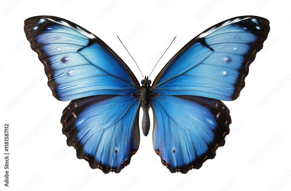 Fototapeta premium Vibrant blue butterfly with symmetrical wings and black patterns, symbolizing beauty, nature, and transformation for wildlife, art, or design themes isolated on transparent background