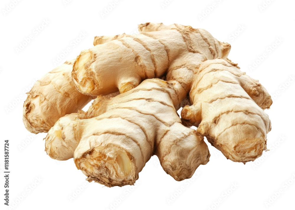 Fresh raw ginger roots with textured surface, organic spice ingredient, natural herbal remedy, culinary root vegetable, and healthy cooking concept isolated on transparent background Fresh raw ginger roots with textured surface, organic spice ingredient, natural herbal remedy, culinary root vegetable, and healthy cooking concept isolated on transparent background