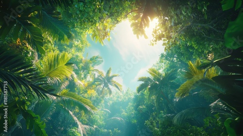 Wallpaper Mural Lush Tropical Rainforest Canopy with Sun Flare Peeking Through, Low Angle Perspective Torontodigital.ca