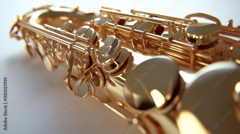 Obraz premium Golden Saxophone Close-up 3D Render, Musical Instrument Detail, Gleaming Brass Texture, Saxophone Keys, Jazz Music Concept Saxophone, 3D render
