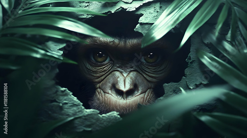 Primate Peers Through Leave...