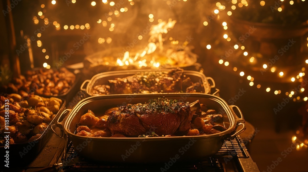 Fototapeta premium Roasted Meat with Potatoes and Festive Lights Warm, Golden Tone, Close-Up Composition, Culinary Photography, Food Styling Culinary Photography, Food Styling