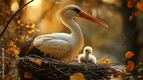 Stork and Chick Nest in Aut...