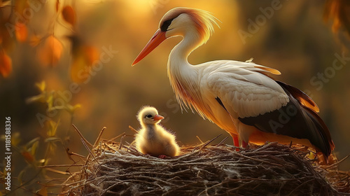 Stork Guards Chick in Nest,...