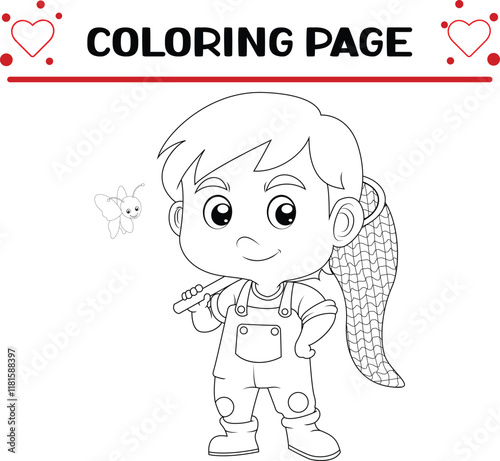 cool boy is ready catch cute small butterfly coloring page for kids