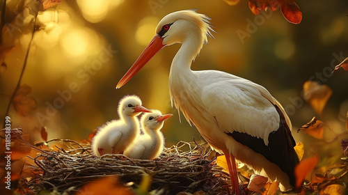 Stork Family in Nest with C...