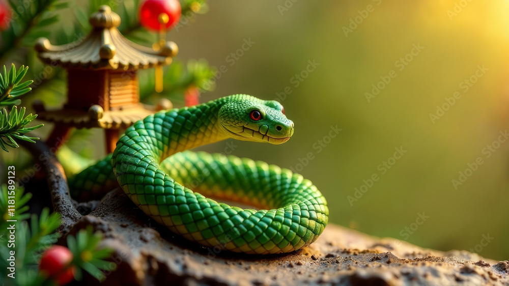Chinese New Year Card Green Tree Snake Crawling On Christmas Tree With Christmas Tree Decorations, copy space Chinese New Year Card Green Tree Snake Crawling On Christmas Tree With Christmas Tree Decorations, copy space
