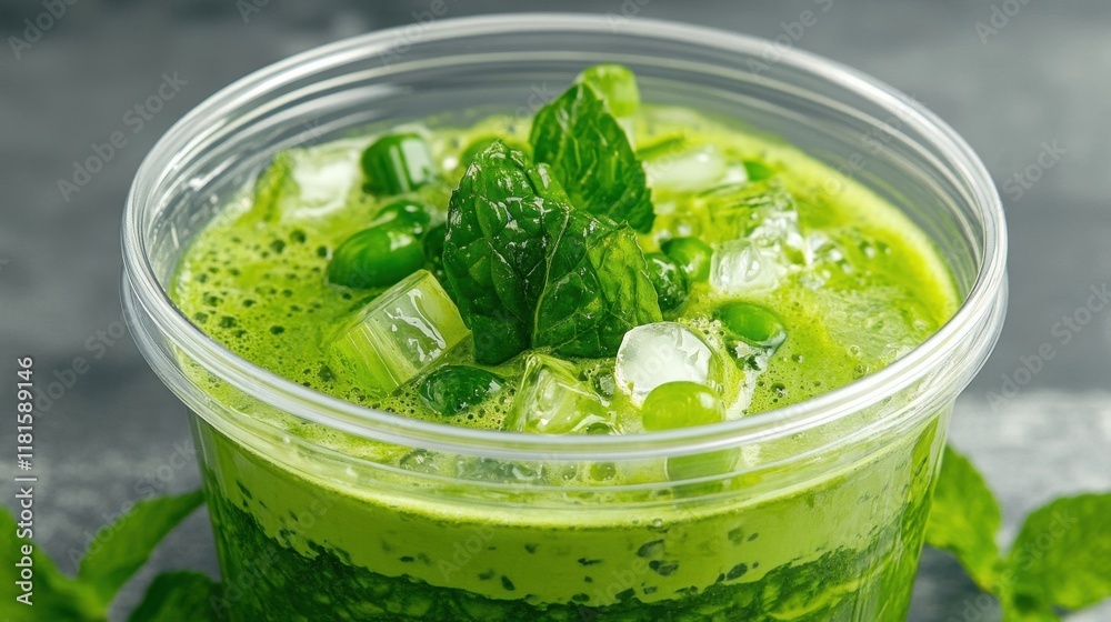 Refreshing green smoothie in a clear cup, garnished with mint leaves and ice, showcasing a vibrant, healthy beverage. Refreshing green smoothie in a clear cup, garnished with mint leaves and ice, showcasing a vibrant, healthy beverage.