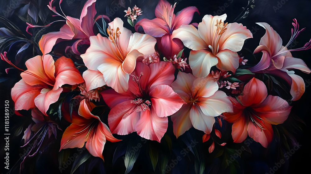 Obraz premium Pink and White Lilies Bloom Beautifully in the Dark Background