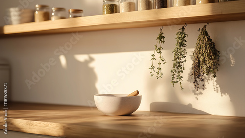 Wallpaper Mural 柔らかな光に包まれるスパイス瓶とドライハーブが並ぶミニマルキッチンの風景 Torontodigital.ca