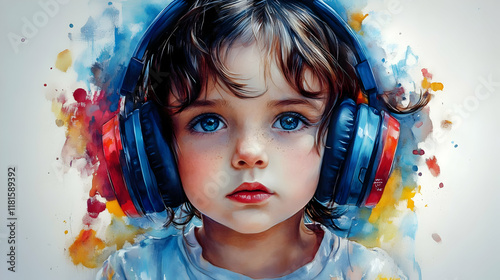 Child Listens to Music with...