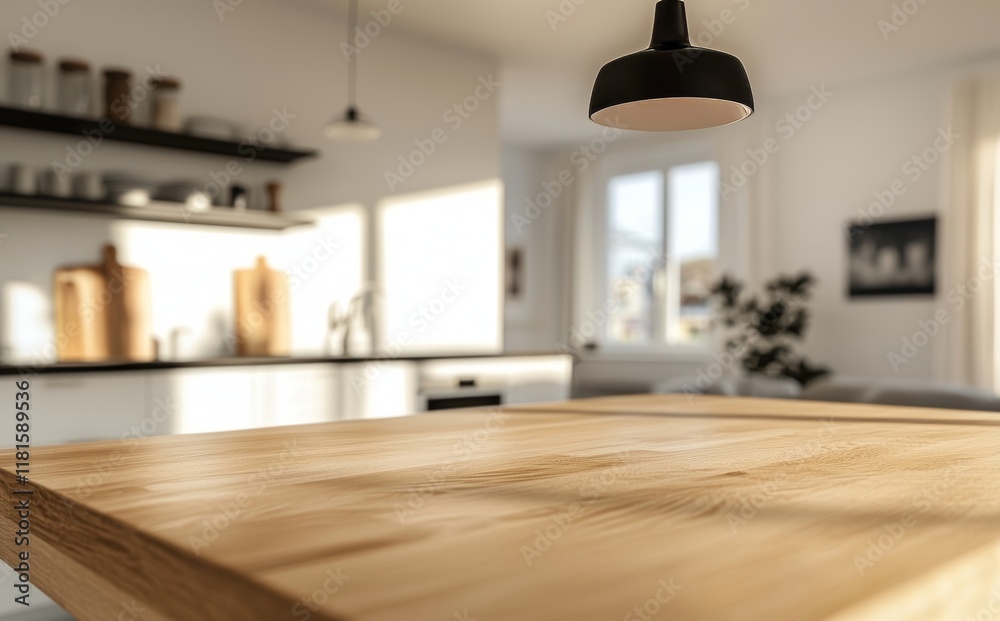 Wooden table surface against a blurred kitchen counter background. Wooden table surface against a blurred kitchen counter background.