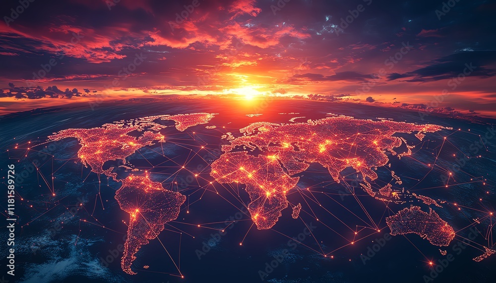 Fototapeta premium Global logistics network featuring shipping containers, interconnected by digital data lines, against a digital world map and stunning sunset colors