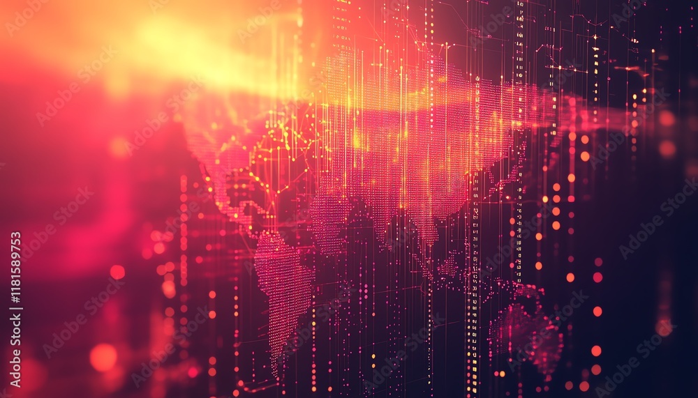 Obraz premium Global logistics network featuring shipping containers, interconnected by digital data lines, against a digital world map and stunning sunset colors
