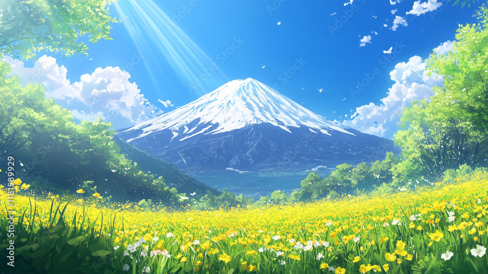 Fototapeta premium 青空と菜の花畑が広がる春の富士山の美景