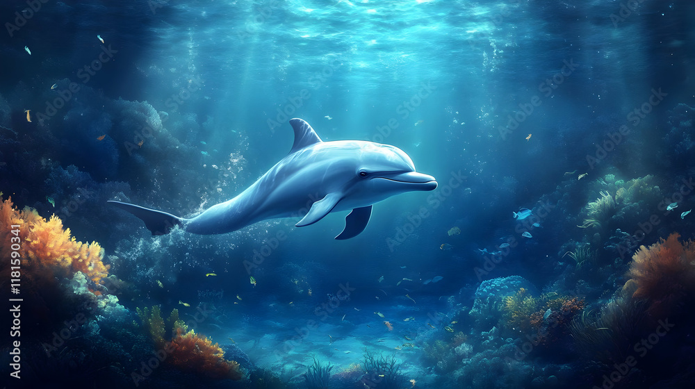 Fototapeta premium Dolphin Swims Through Coral Reef in the Ocean Deep Sea with Fish