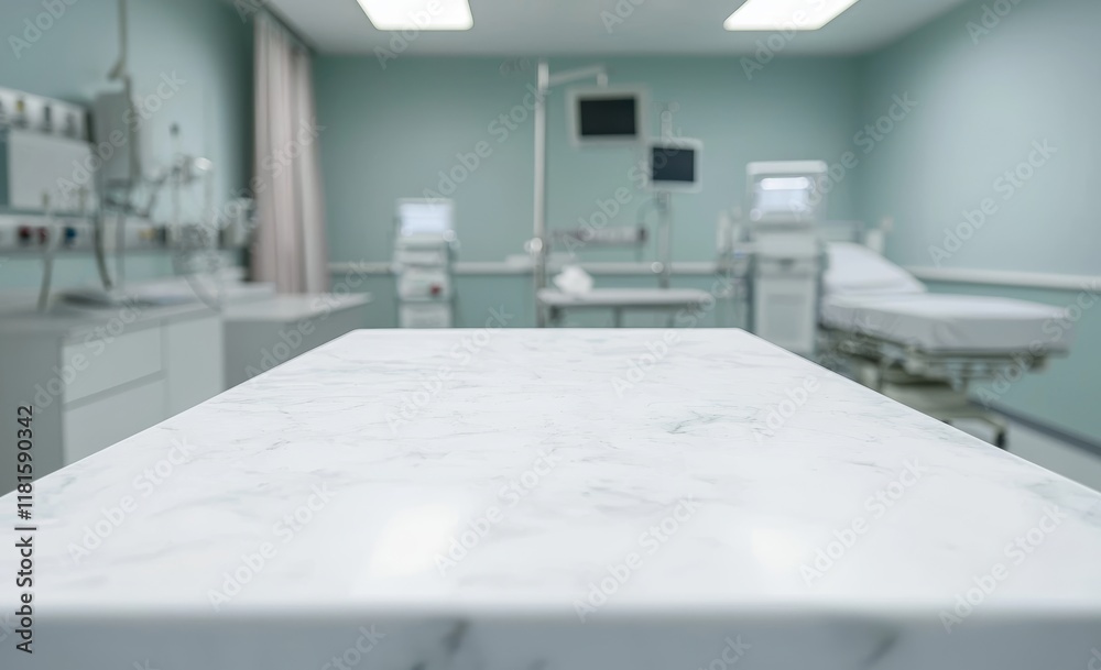 The white table top is in sharp focus against a blurred abstract background, with a window in the distance.