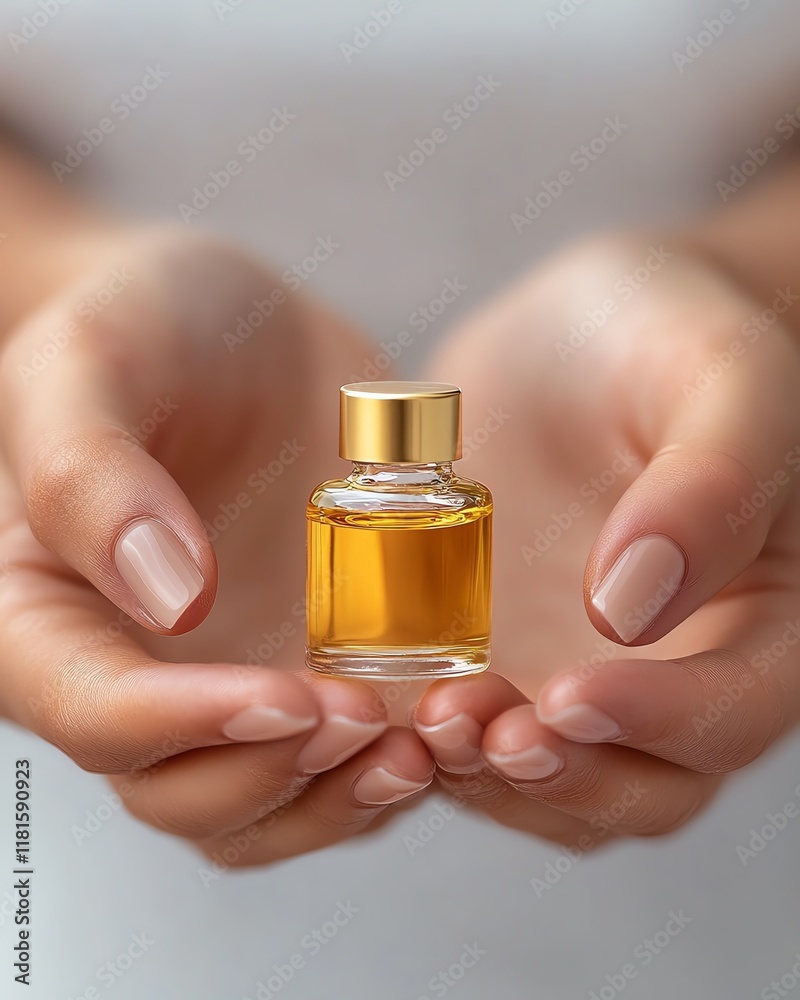 Elegant hands holding a small perfume bottle. Elegant hands holding a small perfume bottle.