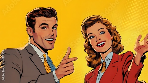 A man and woman in suits, talking to each other with their hands spread out as if conducting an interview or conversation