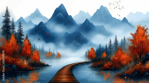 Autumn Forest Meets Mountain Lake with Tranquil Wooden Bridge Pathway