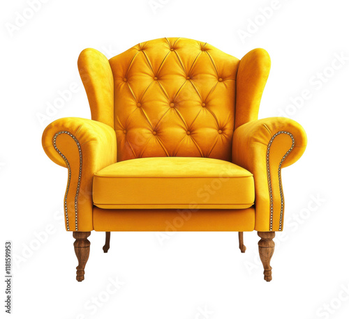 Elegant yellow armchair with tufted backrest and curved wooden legs, luxurious furniture design for living room interior isolated on transparent background photo