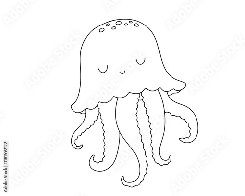 Cute jellyfish, outline cartoon sea animal for children. Vector line nautical illustration for coloring book