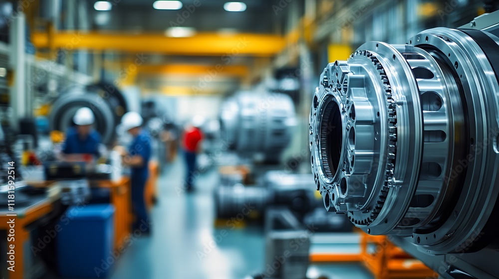 Fototapeta premium Detail of Precision Engineering Parts in High-Tech Manufacturing Plant with Workers in Background : Generative AI