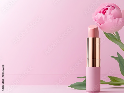 Elegant pink lipstick with flower on pastel background. photo