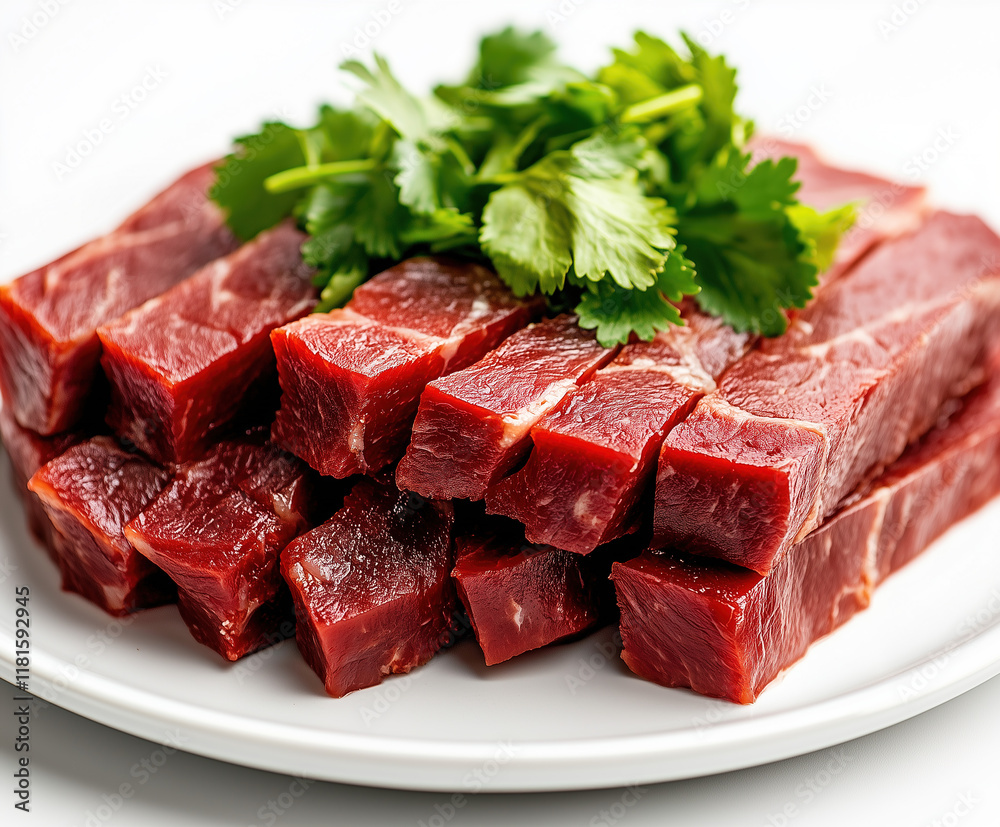 Fototapeta premium Glazed BBQ Char Siu Pork Slices with Fresh Cilantro Garnish