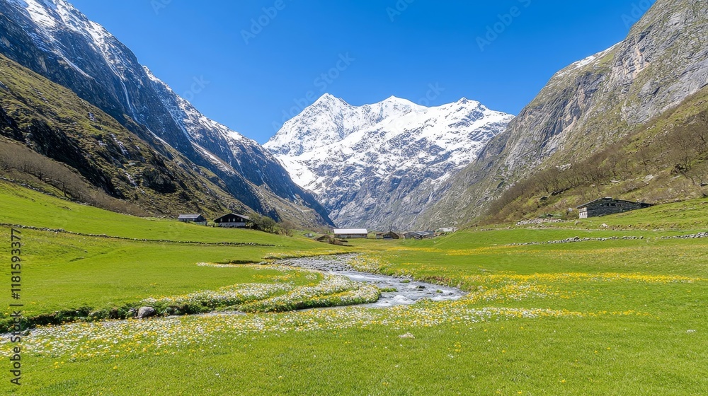 Alpine Valley Meadows with Snow-Capped Peaks and Stream Alpine Valley Meadows with Snow-Capped Peaks and Stream