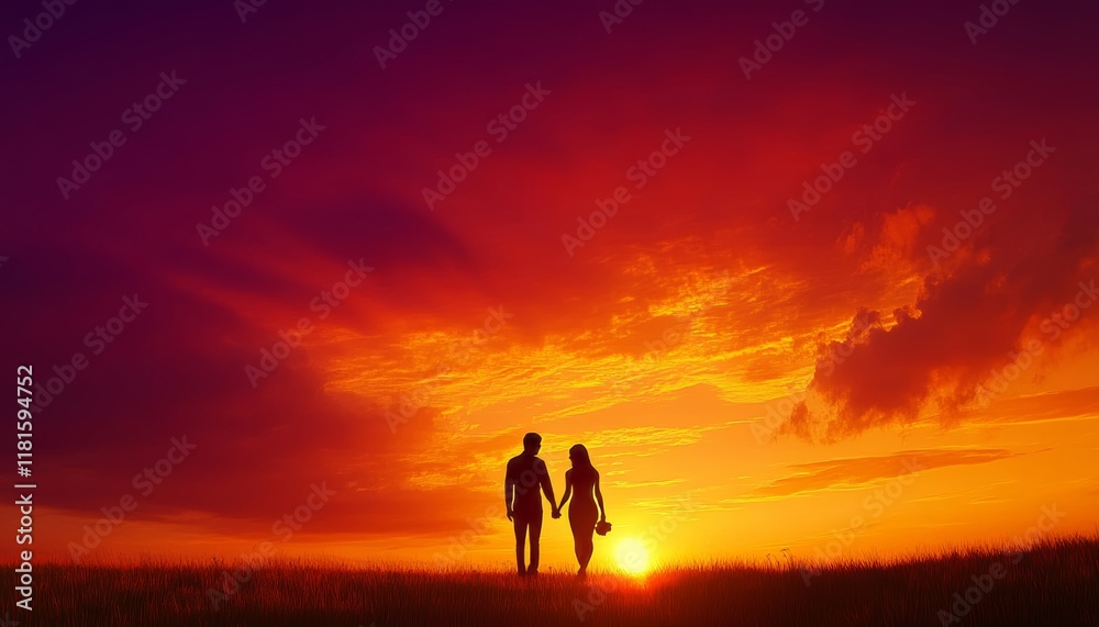 Fototapeta premium Silhouetted Couple Holding Hands Standing on Horizon With Vibrant Sunset, Peaceful Love Background.