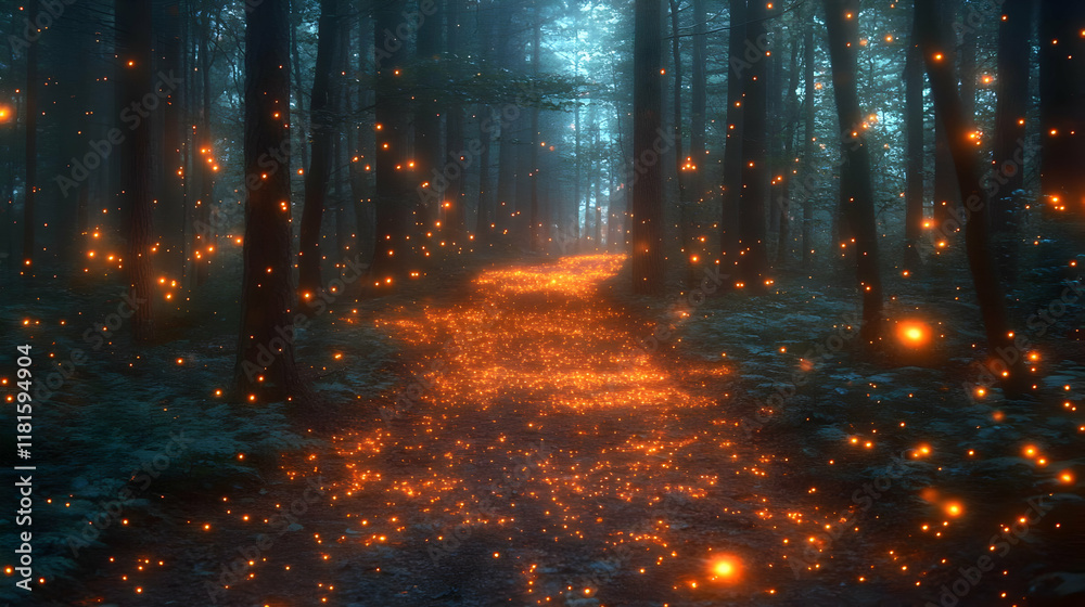 Fototapeta premium Enchanted Forest Path Glows with Magic at Night Mysteriously