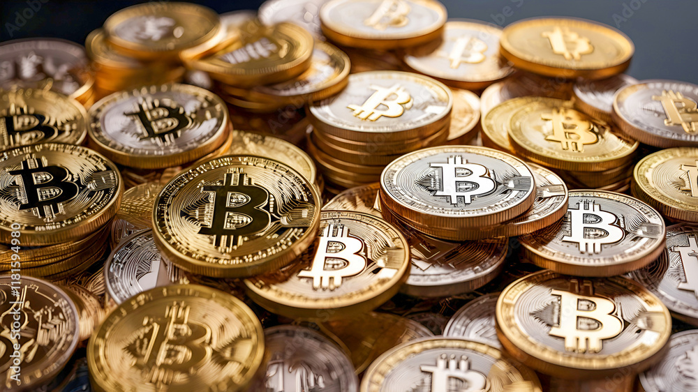 Pile of shiny bitcoin coins . Banking and finance concept Pile of shiny bitcoin coins . Banking and finance concept