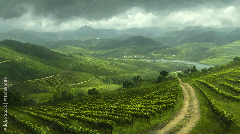 Naklejka premium Vineyard Hills Landscape Illustration