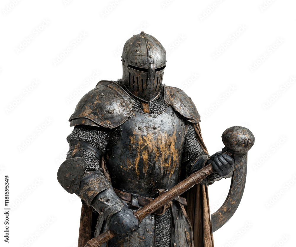 Knight in weathered armor stands resolute, gripping a mace in a defensive position. Isolated on transparent background, png. Knight in weathered armor stands resolute, gripping a mace in a defensive position. Isolated on transparent background, png.