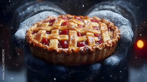Warm Berry Pie Held in Glov...