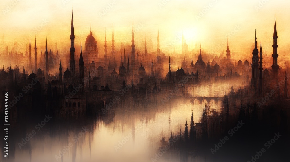 Fototapeta premium Ancient City Silhouette at Golden Sunrise