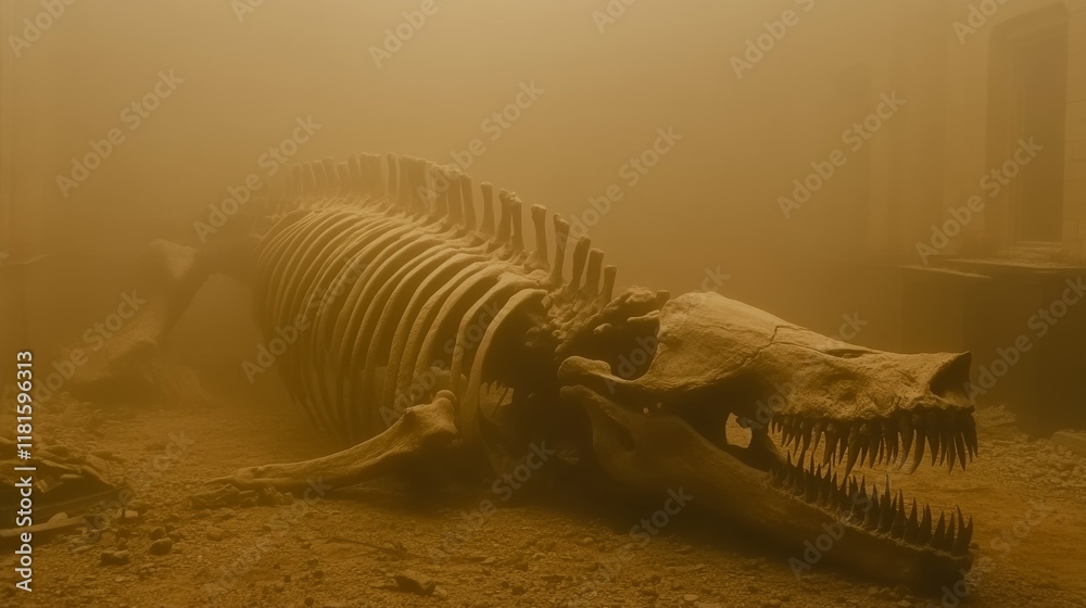 Ancient Marine Reptile Skeleton in Dusty Ruin