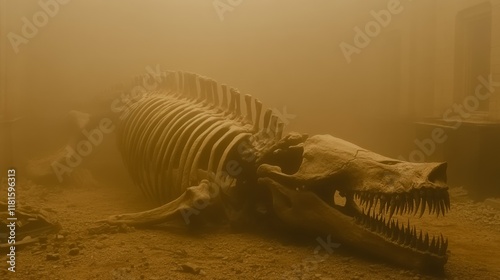 Obraz na płótnie Ancient Marine Reptile Skeleton in Dusty Ruin w salonie